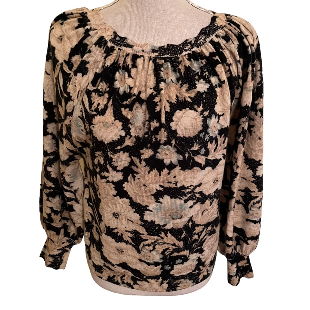 Rebecca Taylor Gold Leaf Floral Print Pullover Sweater S